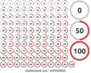 Progress bar set. Red and gray round ring or donut chart. User interface element, indicator, infographic or animation. Flat design. Vector illustration. EPS 8, no gradients, no transparency