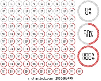 Progress bar set. Red and gray strokes, round ring or donut chart. User interface element, indicator, infographic or animation. Flat design. Vector illustration. EPS 8, no gradients, no transparency