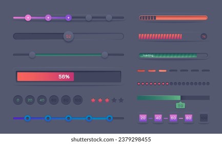 Progress bar set. Round and square loading indicators, step number indicator frames, loading screen elements. Vector modern UI elements collection of progress bar load illustration