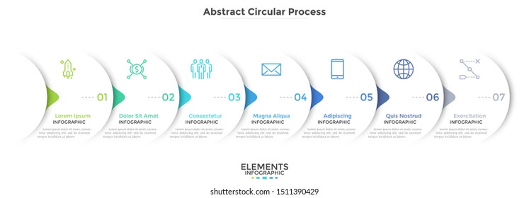 Progress bar with seven round paper white elements with arrows or pointers. Concept of 7 steps of business development. Simple infographic design template. Vector illustration for presentation, banner