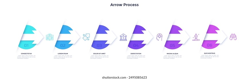 Progress bar with six circular elements placed in horizontal row and connected by arrows. Concept of 6 successive steps of project development. Flat infographic vector illustration for presentation.