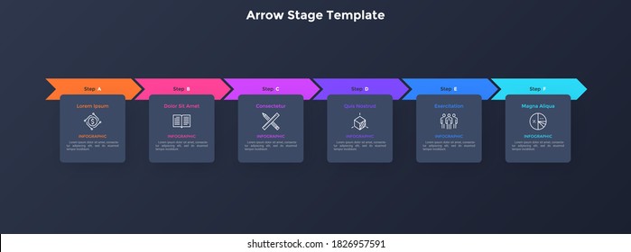Progress bar with six colorful arrows and paper black square elements placed in horizontal row. Concept of 6 steps to project completion. Simple infographic design template. Vector illustration.