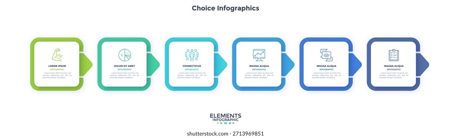 Barra de progreso con seis flechas de colores y Elementos cuadrados de papel blanco colocados en fila Horizontal. Concepto de 6 pasos para la finalización del proyecto. Plantilla de diseño infográfico simple. Ilustración vectorial.