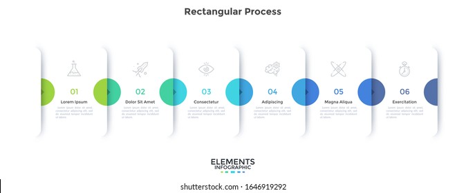 Progress bar with six overlapping paper white rectangular cards connected by arrows. Concept of 6 steps of business development process. Minimal infographic design template. Vector illustration.