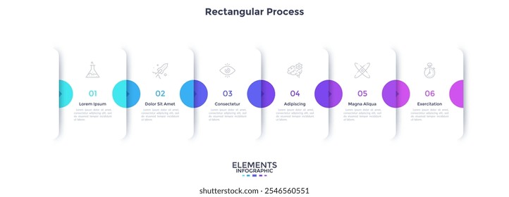 Progress bar with six overlapping paper white rectangular cards connected by arrows. Concept of 6 steps of business development process. Minimal infographic design template. Vector illustration.
