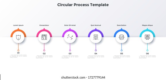 Progress bar with six paper white round elements placed in horizontal row. Concept of 6-stepped business development process. Simple infographic design template. Modern flat vector illustration.