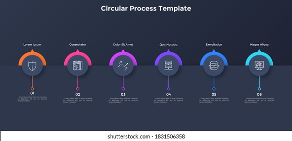 Barra de progreso con seis elementos redondos blancos de papel colocados en fila horizontal. Concepto de un proceso de desarrollo empresarial de 6 etapas. Plantilla sencilla de diseño infográfico. Ilustración vectorial plana moderna.