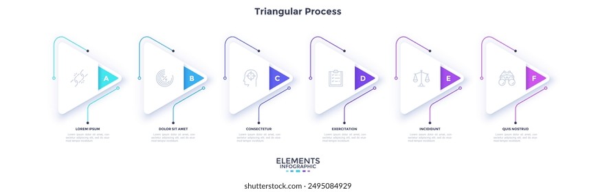 Progress bar with six paper white triangular pointers placed in horizontal row. Concept of 6 steps of business project development. Minimal infographic design template. Flat vector illustration.