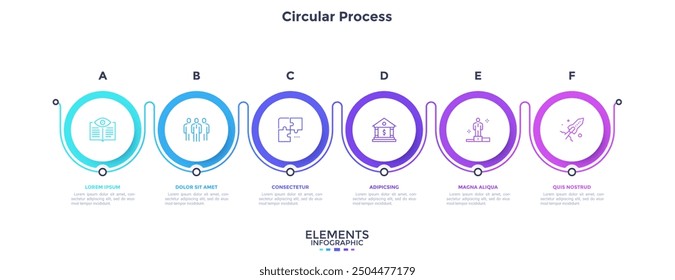 Progress bar with six paper white circles placed in horizontal row. Concept of 6 features of business project. Simple infographic design template. Modern flat vector illustration for presentation.