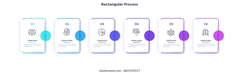 Progress bar with six paper white rectangular elements with pointers arranged in horizontal row. Concept of 6 steps of business process. Simple infographic design template. Flat vector illustration.