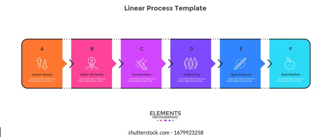 Progress bar with six rectangular elements connected by arrows. Concept of 6 stages to business project completion. Minimal infographic design template. Flat vector illustration for presentation.