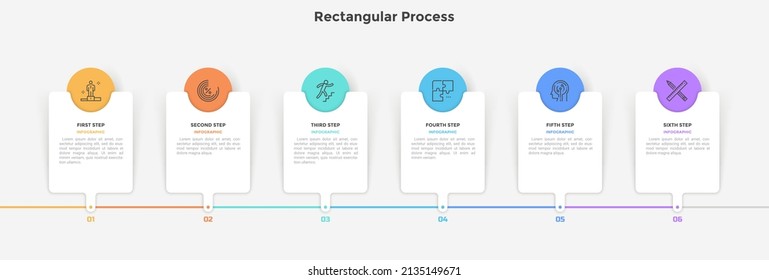 Progress Bar With Six Rectangular Elements Arranged In Horizontal Row. Concept Of 6 Steps Of Successful Career Path. Minimal Infographic Design Template. Modern Flat Vector Illustration For Banner.