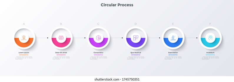 Progress bar with six round elements placed in horizontal row and connected. Concept of 6 steps of business strategy. Simple infographic design template. Modern vector illustration for presentation.