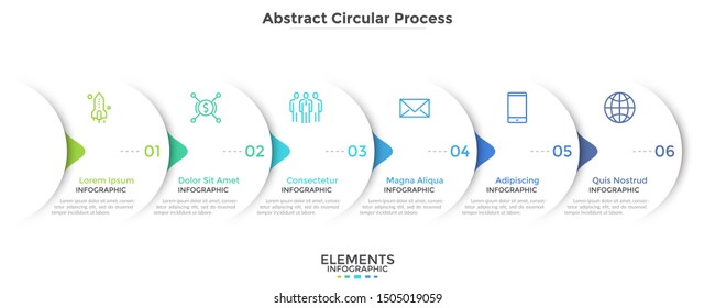 Progress Bar With Six Round Paper White Elements With Arrows Or Pointers. Concept Of 6 Steps Of Business Development. Simple Infographic Design Template. Vector Illustration For Presentation, Banner.