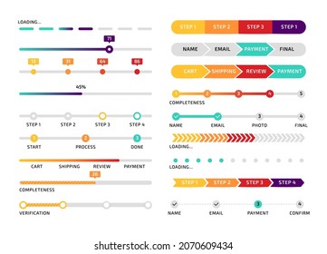 Progress bar. Step process graphic indicator design, app abstract interface element, website color download stage. Vector infographic set
