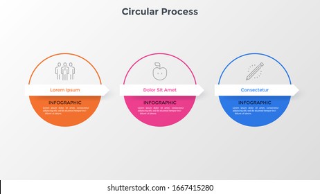 Progress bar with three circular elements connected by arrows. Concept of 3 steps of marketing strategy. Simple infographic design template. Vector illustration for business information analysis.