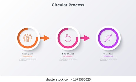 Progress bar with three circular elements connected by arrows. Concept of 3 stages of education process. Simple infographic design template. Modern flat vector illustration for presentation, banner.