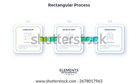 Progress bar with three colorful arrows and paper white square elements placed in horizontal row. Concept of 3 steps to project completion. Simple infographic design template. Vector illustration.