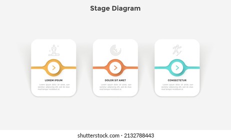 Progress bar with three paper white rectangular elements with pointers arranged in horizontal row. Concept of 3 steps of business process. Simple infographic design template. Flat vector illustration.