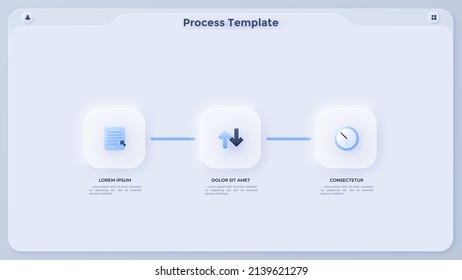 Progress bar with three paper white square elements arranged in horizontal row. Concept of 3 steps of effective business process. Simple infographic design template. Modern flat vector illustration.