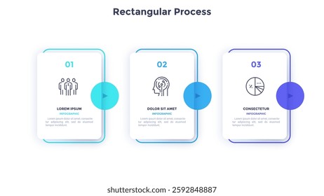 Progress bar with three paper white rectangular elements with pointers arranged in horizontal row. Concept of 3 steps of business process. Simple infographic design template. Flat vector illustration.