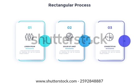Progress bar with three paper white rectangular elements with pointers arranged in horizontal row. Concept of 3 steps of business process. Simple infographic design template. Flat vector illustration.
