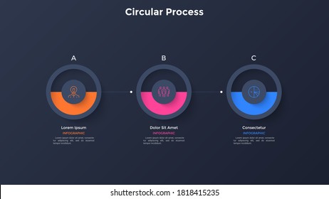 Progress bar with three round elements placed in horizontal row and connected. Concept of 3 steps of business strategy. Simple infographic design template. Modern vector illustration for presentation.