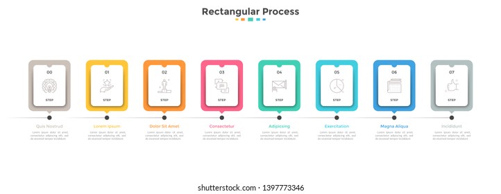 Progress bar or timeline with eight paper white rectangular elements or cards arranged in horizontal row. Concept of 8 stages of project development. Infographic design template. Vector illustration