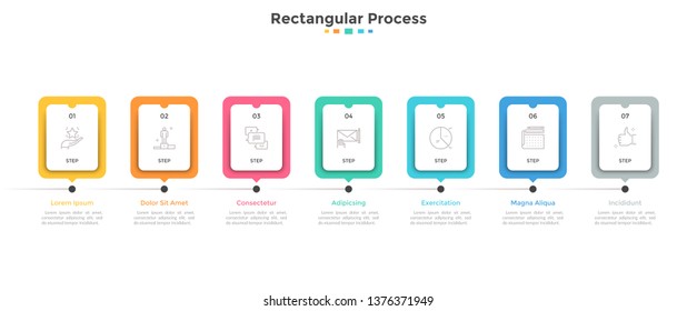 Progress bar or timeline with seven paper white rectangular elements or cards arranged in horizontal row. Concept of 7 stages of project development. Infographic design template. Vector illustration