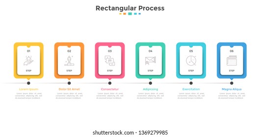 Progress bar or timeline with six paper white rectangular elements or cards arranged in horizontal row. Concept of 6 stages of project development. Infographic design template. Vector illustration