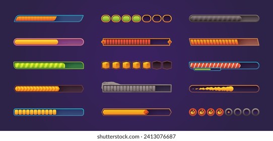 Progress bar. UI game asset for mobile and web application, GUI level indicator for potion and health, shiny glowing icons. Vector isolated set of interface design button illustration