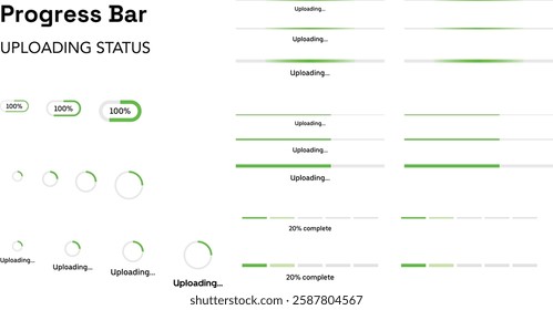 Progress bar uploading status indicator. UI kit component vector illustration. Percentage loading bar infographic icon set 0-100% in green colour. Process symbols collection.