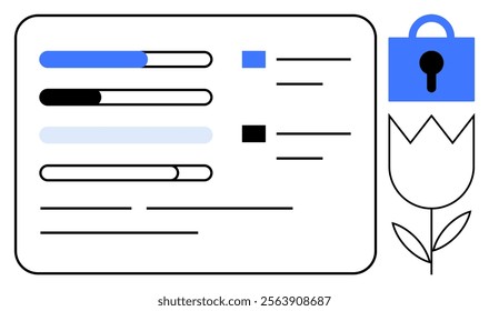 Progress bars and a data list next to a flower icon and a security lock symbol. Ideal for data visualization, security, project management, user interface design and technology aesthetics. Simplistic