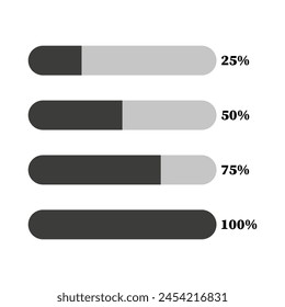 Progress bars in grayscale showing incremental completion in quarters. User interface design elements for tracking or loading. Vector illustration. EPS 10.