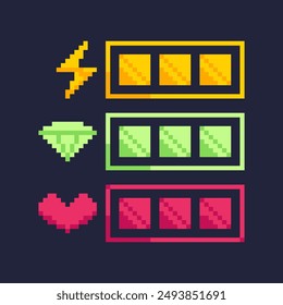 Progress bars for pixel game. 8-bit complete indicator of health, energy and resources.