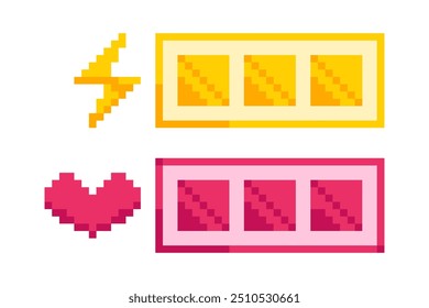 Progress bars for pixel game. 8-bit complete indicator of health, energy.