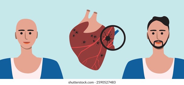 Progress before and after, patient with heart cancer or blood clot, flat vector stock illustration as oncology treatment concept