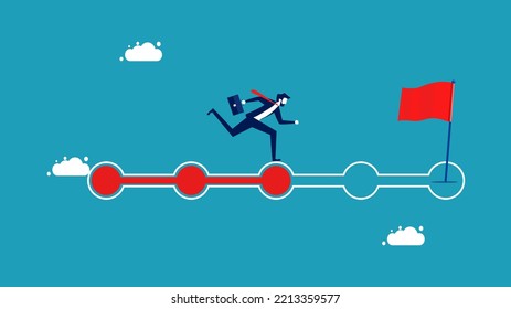Progress from the beginning to success. Development. Businessmen run to success according to plan