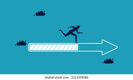Progress from the beginning to success. Development. Businessmen run to success according to plan