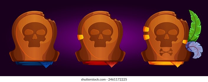 progress; brown; yellow; green; blue; tricorne; design; icon; illustration; vector; graphic; prey; orange; headdress; skull; feathers; scarf; gold clips; torn; game