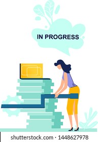 In progress business concept vector illustration. Part of teamwork, woman, company employee rotate handle of mechanism, set in motion business gear