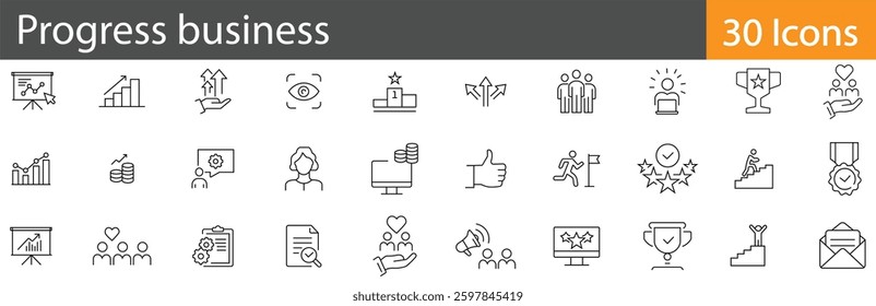 Progress Business Line Icons Set. Collection of 30 outline icons representing growth, success, development, performance, and business progress. Editable stroke vector illustration.