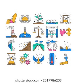 progresso sucesso de negócios alvo ícones definir vetor. objetivo de liderança, crescimento da estratégia, oportunidade de carreira, trabalho aumentar o lucro lucro progresso de negócios sucesso alvo cor do contorno Ilustrações