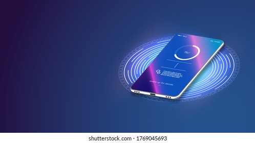 The progress of charging the battery of the phone. Vector Futuristic phone is charged wirelessly on a blue background. Wireless charging. Wireless charging of the smartphone battery. Future concept. 