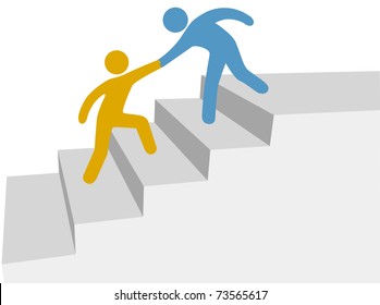 Progress and collaboration as friend helps friend climb up improvement stairway