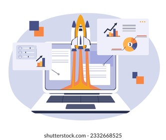 Fortschritt im Computerkonzept. Laptop mit Rocketship, Betriebssystem-Optimierung. Moderne Technologien und digitale Welt. Statistiken und Infografiken. Cartoon-Flavektor-Vektorgrafik