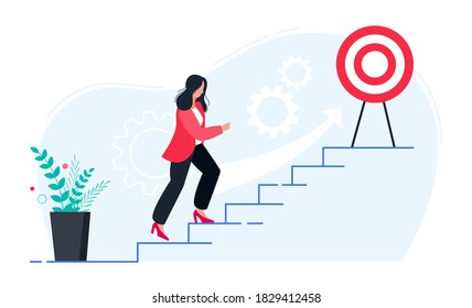 In progress concept. Business woman walking up stairs to their goal. Move up motivation, the path to the target's achievement.