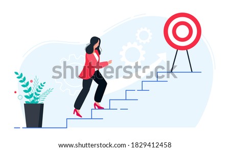 In progress concept. Business woman walking up stairs to their goal. Move up motivation, the path to the target's achievement.