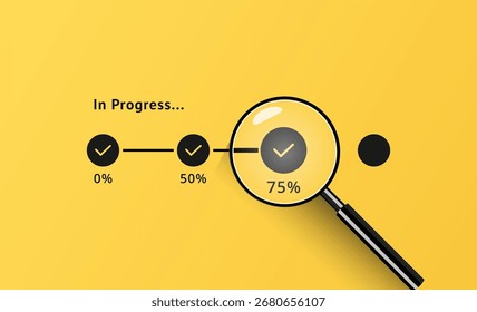 Conceito em andamento com marca de lista de verificação com status de carregamento progressivo para lembrar a tarefa de trabalho progressiva para o gerenciamento de desenvolvimento de projeto e conceito de rastreamento