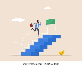 Concepto de progreso. Mejora del éxito, avance hacia el crecimiento de los negocios, viaje hacia la meta, ambición o trayectoria profesional, empresario avanza hacia el gráfico de crecimiento y gráfico con talento hacia el éxito.